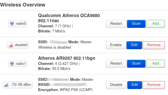  sur cette capture, l'interface montre que le point d'accès 2.4GHz est activé mais celui de la bande des 5GHz est désactivé